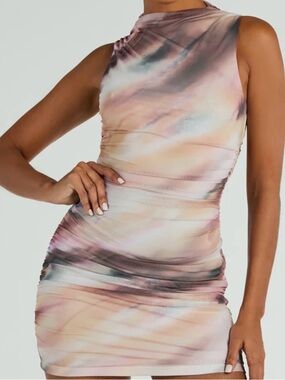 Windsor Pastel Marble Ruched Mini Dress in Pink and Cream